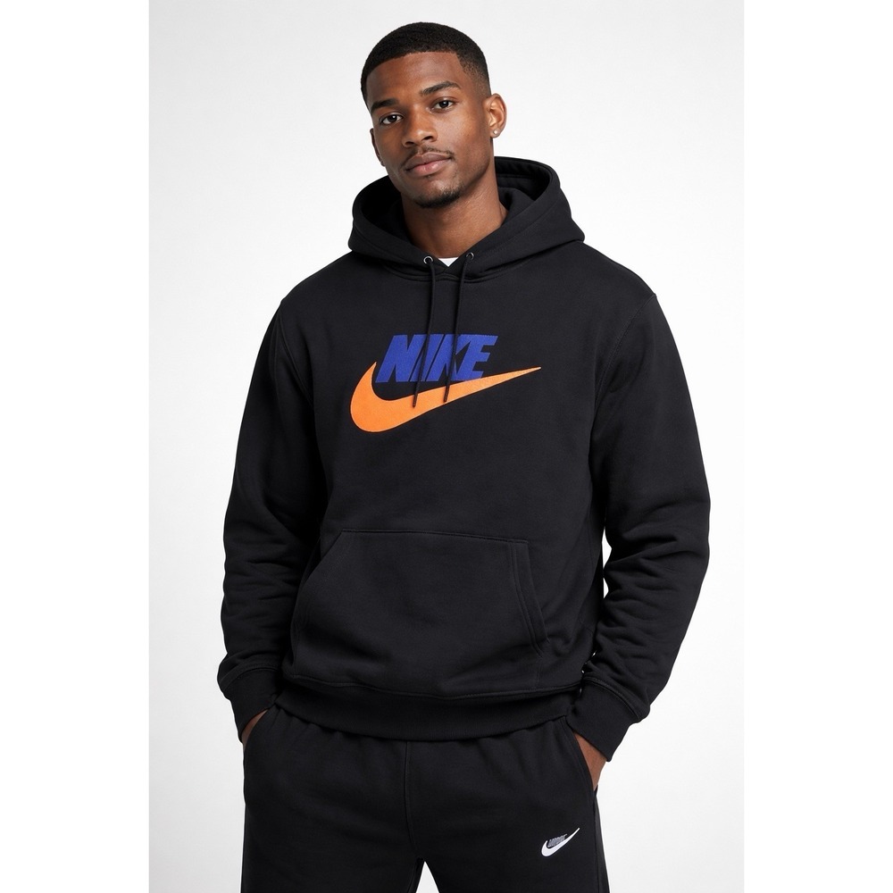 Nike Club Fleece Pullover Hoodie Black Orange Blue Terry FN3104-010 Men sz Med